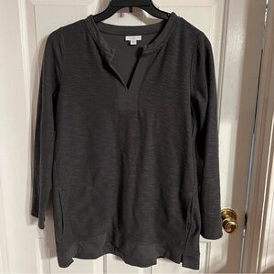 J Jill Cotton Slub Tunic Top Size s Large Split Neck Long Sleeve Pockets Gray